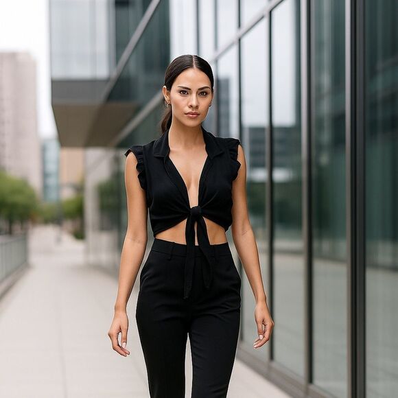 Red Valentino Ruffle Tie Front Cropped Silk Top - Picture 1 of 7